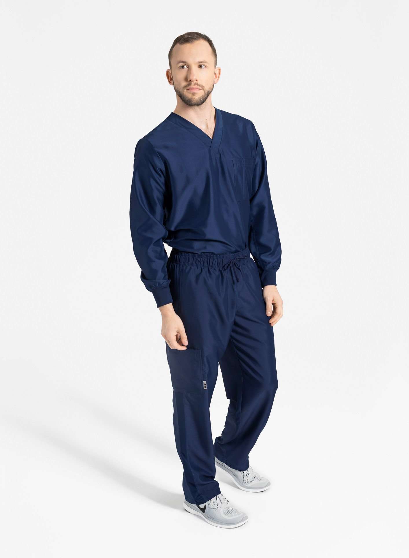 mens Elements navy blue long sleeve one pocket scrub top and pants 