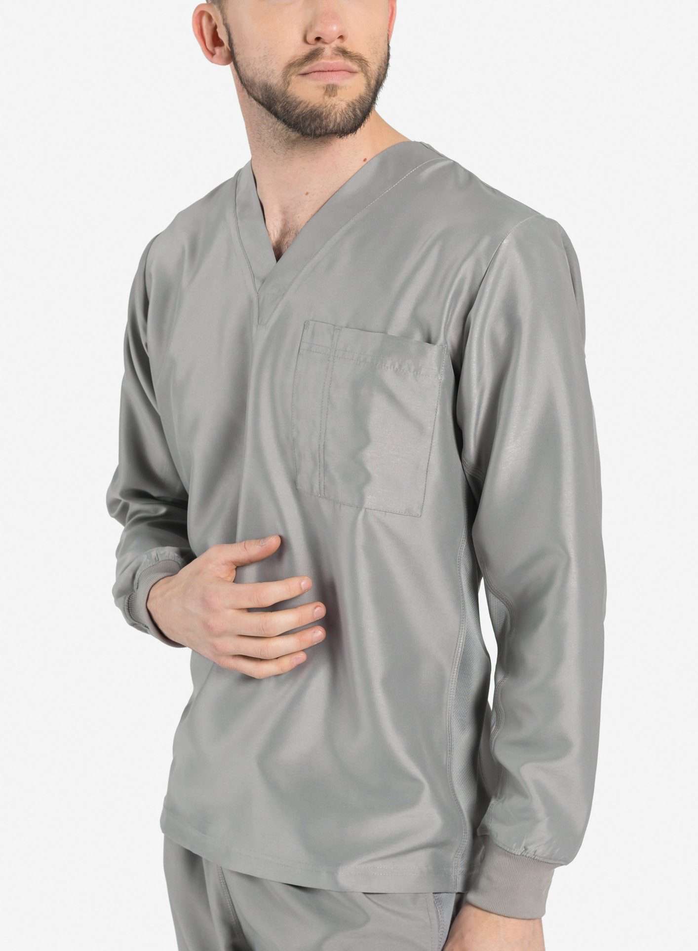 mens Elements long sleeve one pocket scrub top light gray