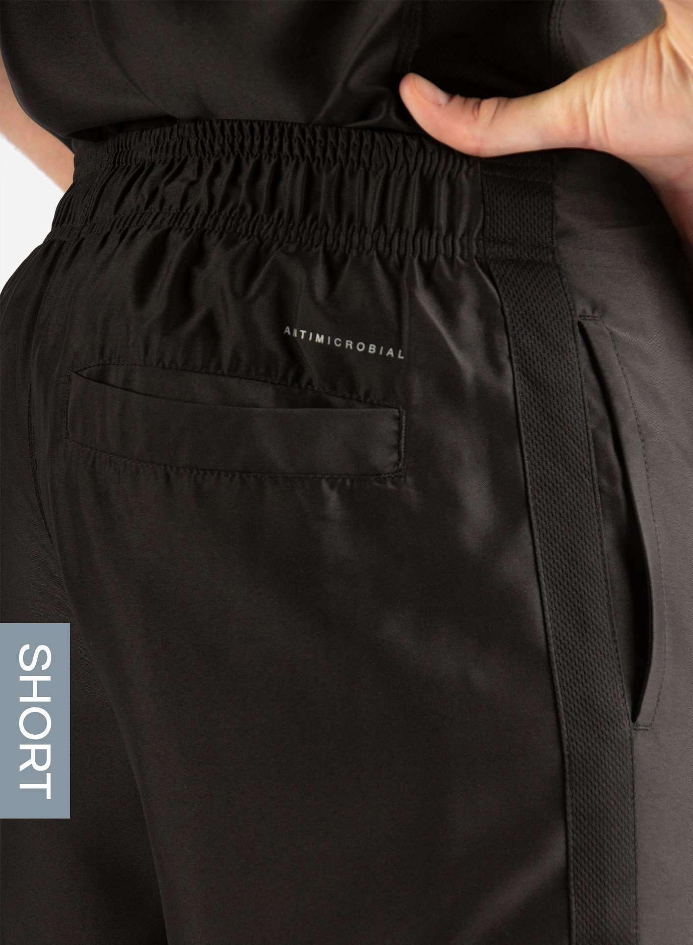 Men&#39;s Short Slim Fit Scrub Pants in Real Black Back Pocket View