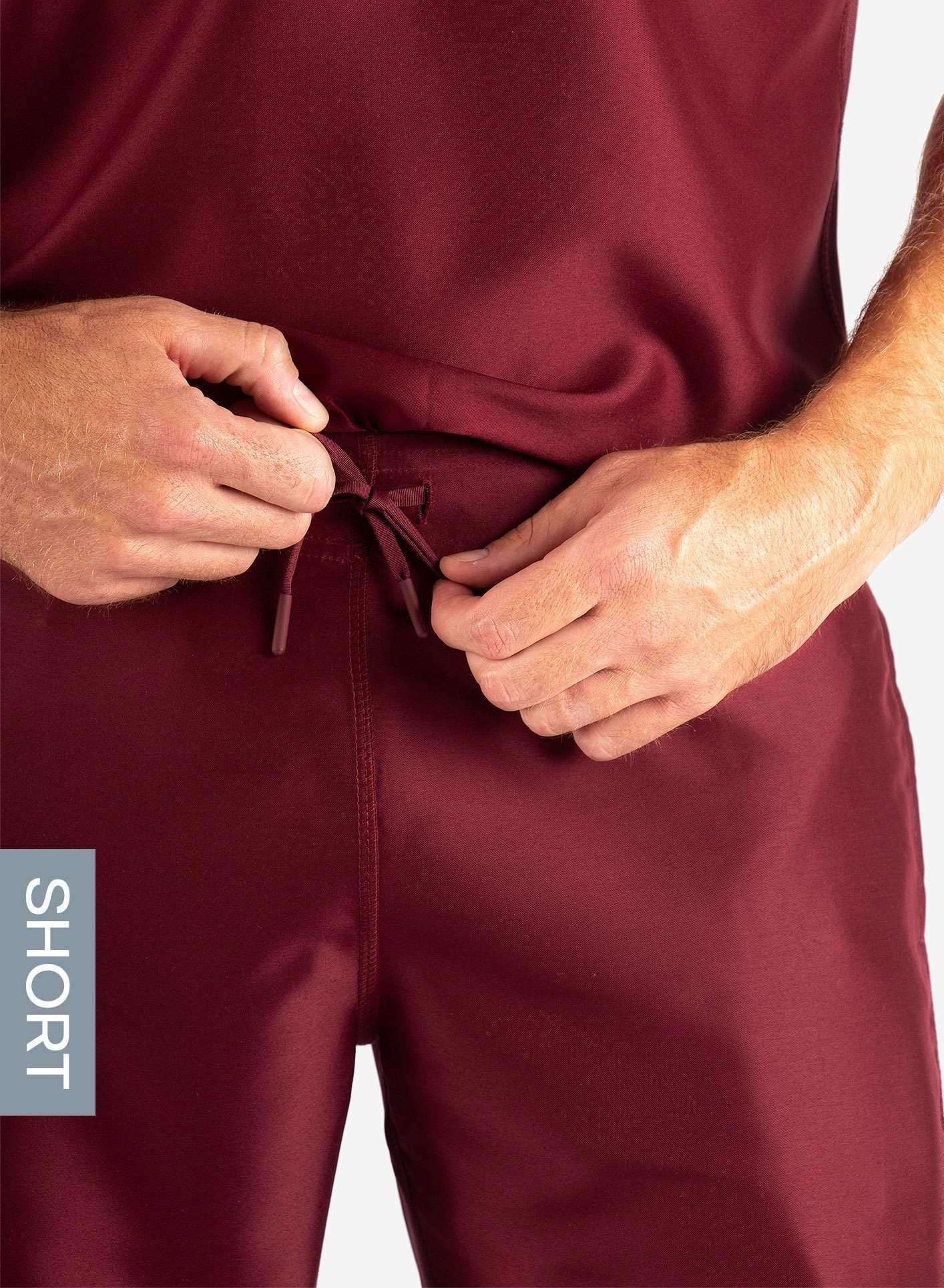 Men&#39;s Short Slim Fit Scrub Pants in Bold Burgundy waistband