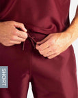 Men's Short Slim Fit Scrub Pants in Bold Burgundy waistband
