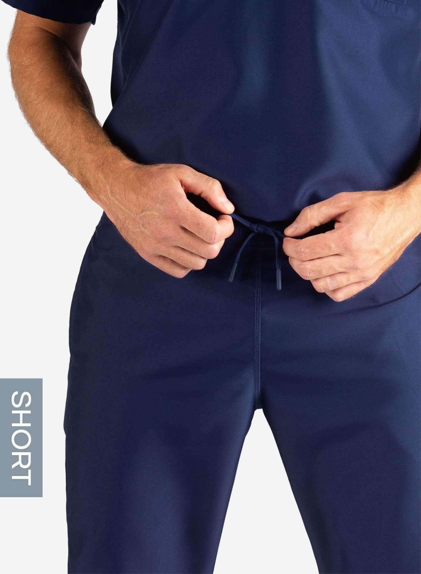 Men&#39;s Short Slim Fit Scrub Pants in Navy Blue Waistband View