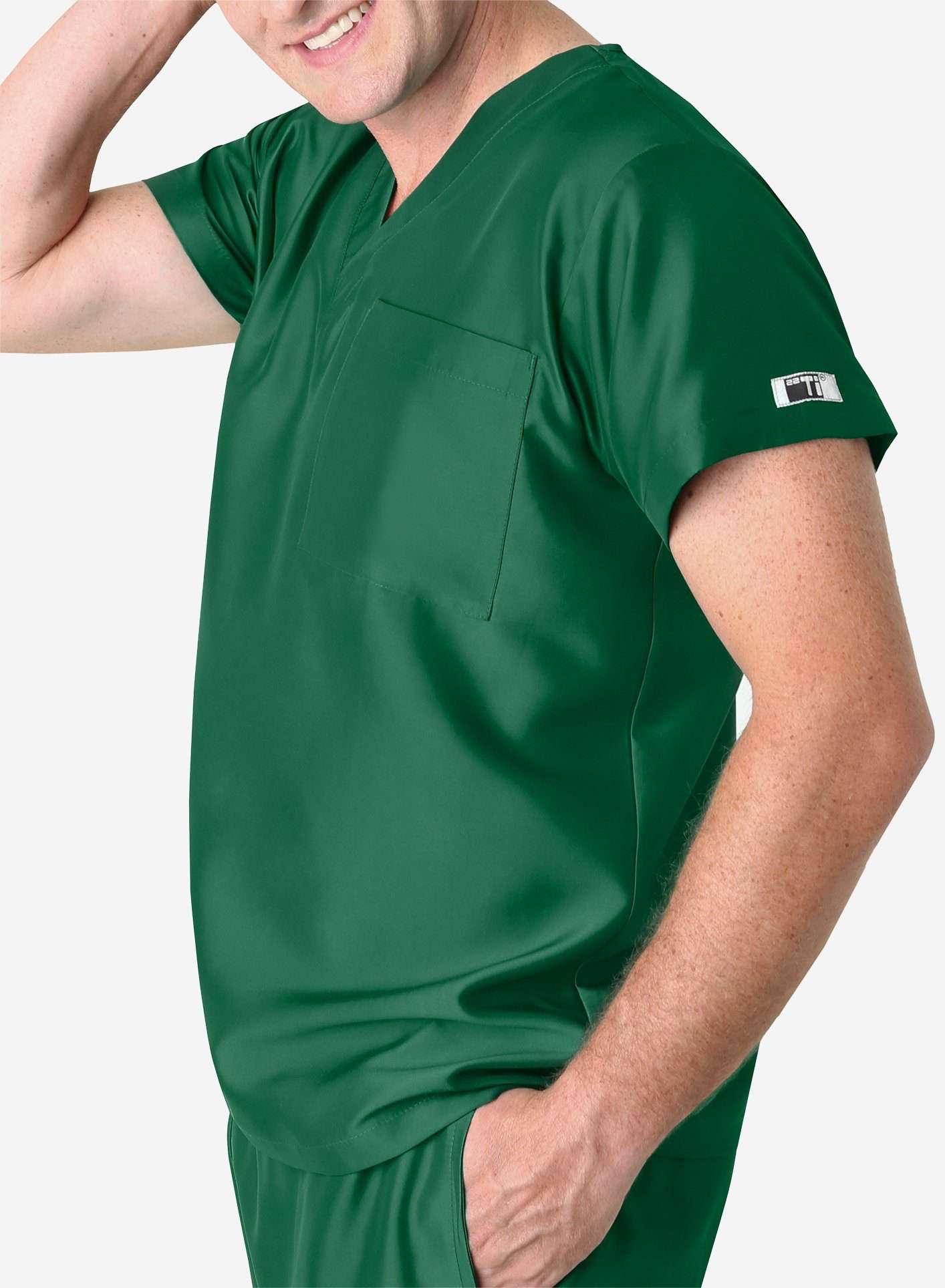 mens simple short sleeve chest pocket scrub top dark green