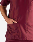 Men's 3 Pocket Scrub Top in burgundy pocket close up