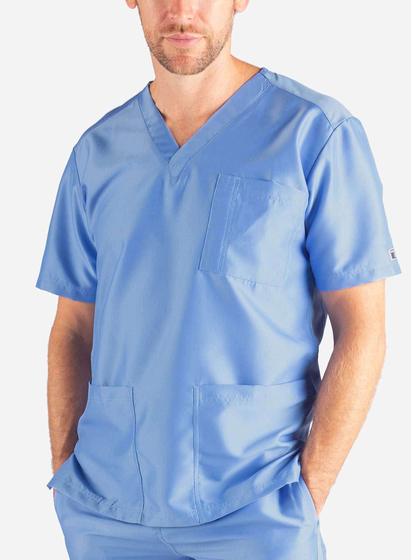 Men&#39;s 3 Pocket Scrub Top in ceil-blue