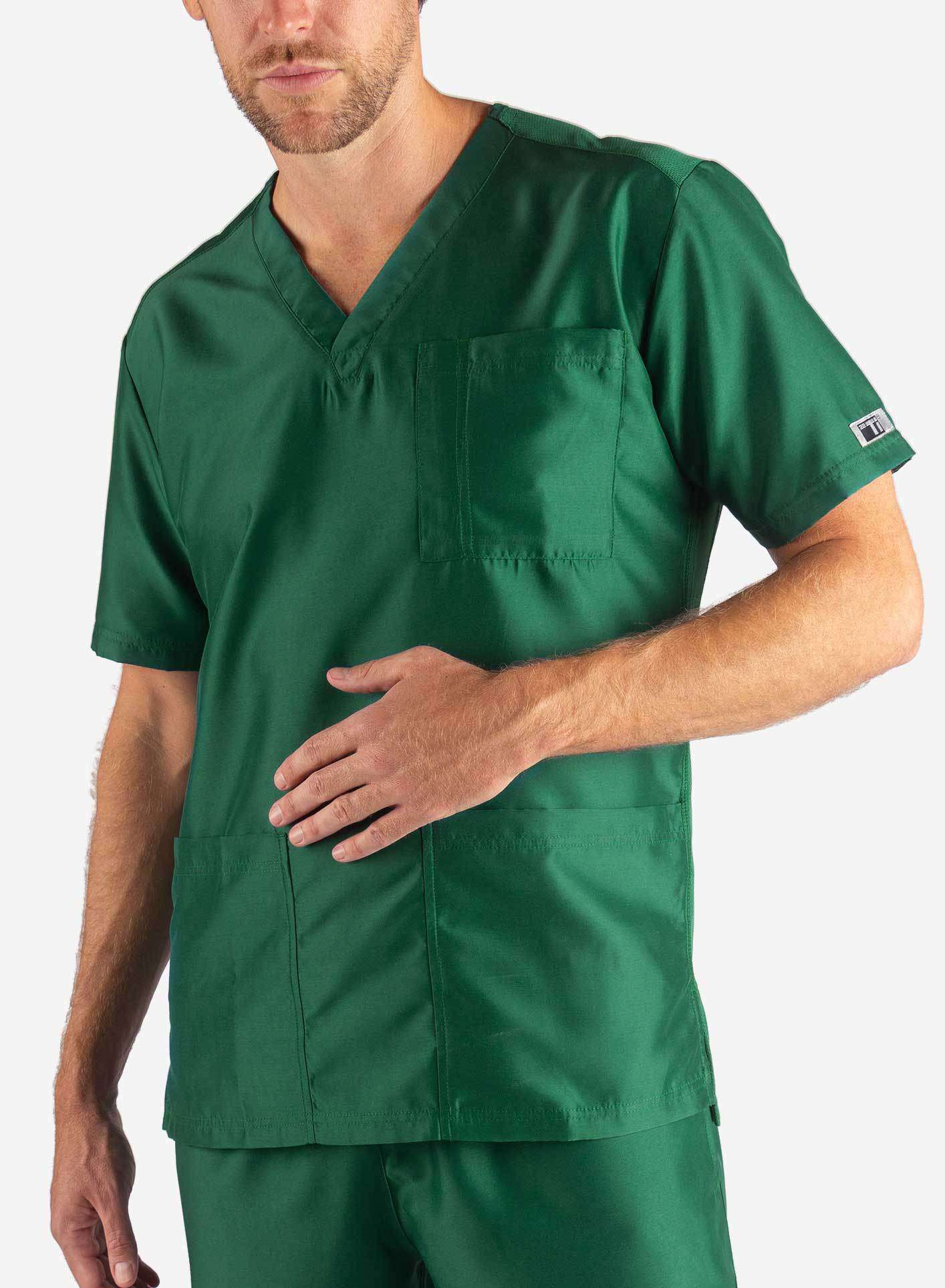 Men&#39;s 3 Pocket Scrub Top in Dark Green Front