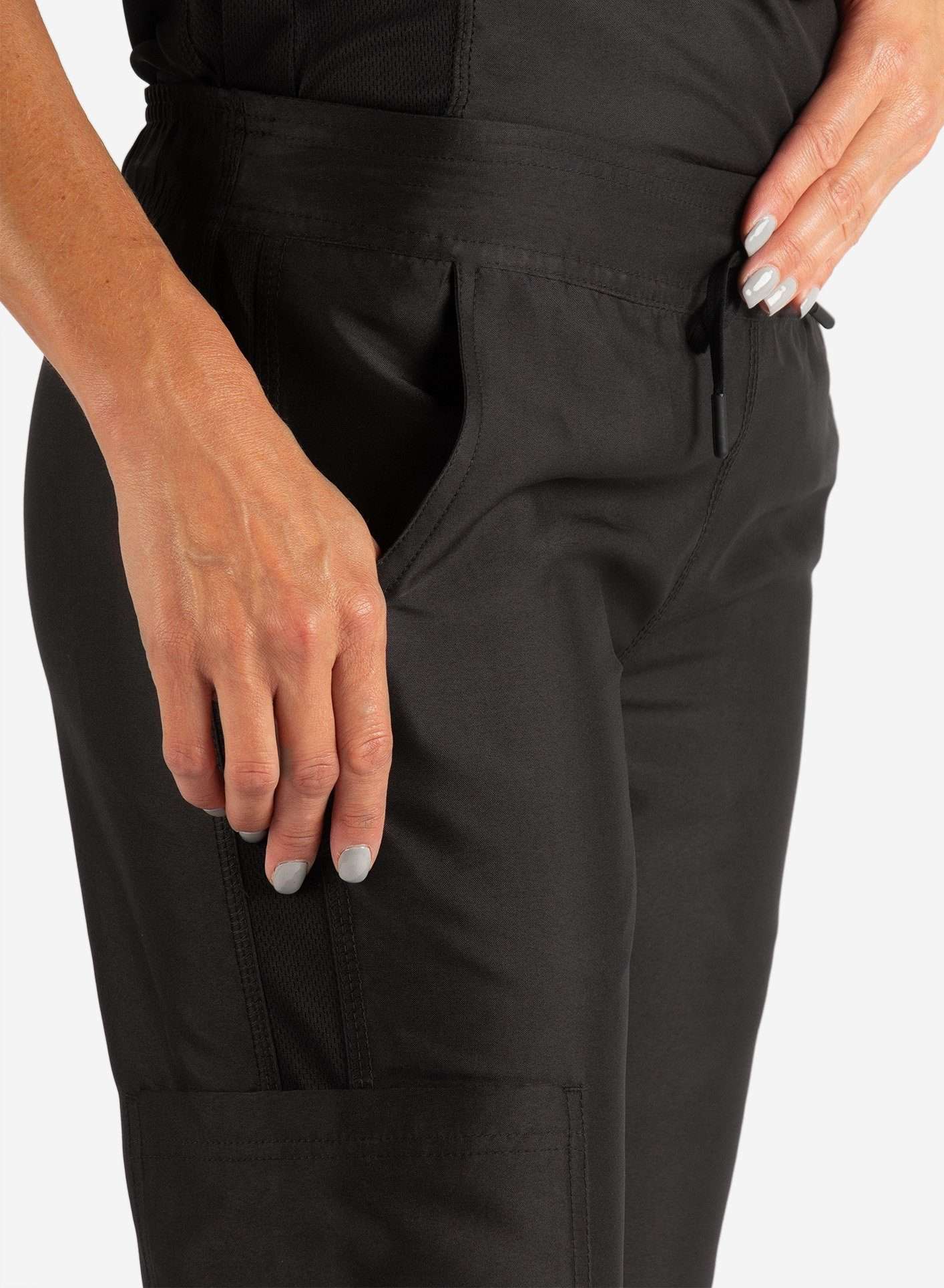 Women's Slim Fit Scrub Pants in Real Black Pocket View