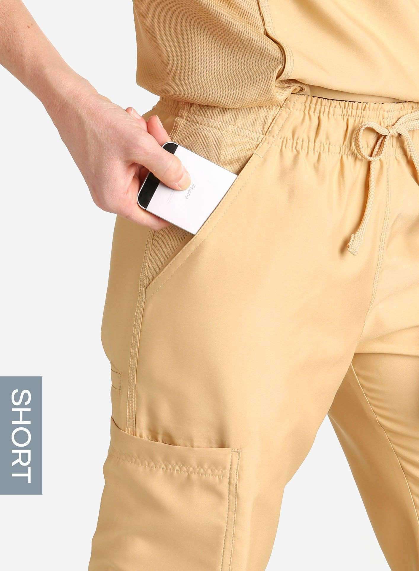womens short cargo pocket straight leg scrub pants khaki Elements detail