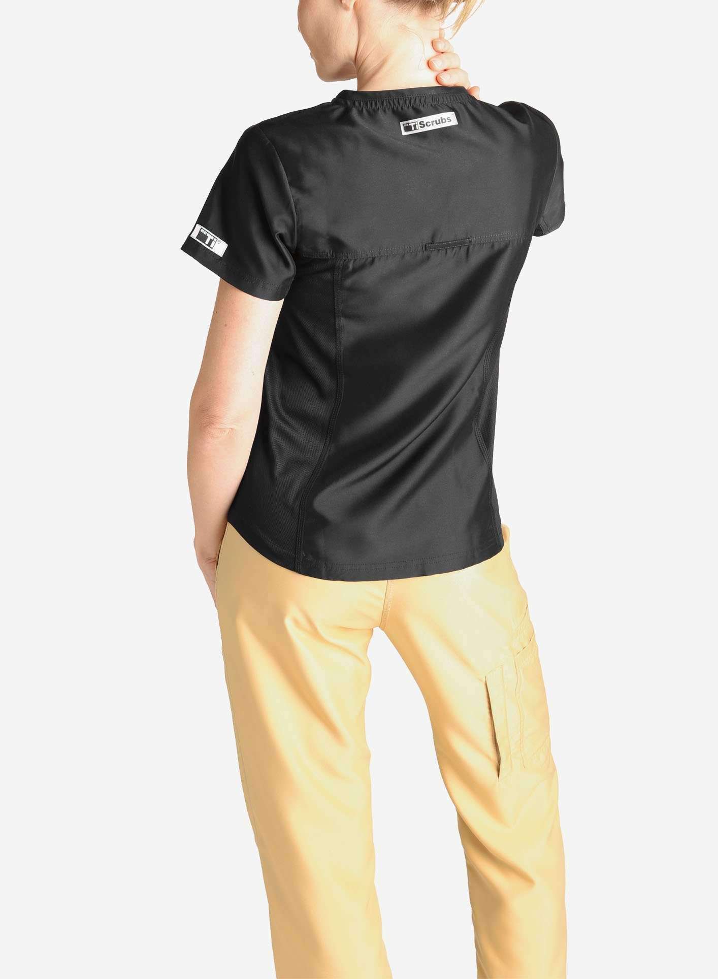 womens short sleeve black scrub top and khaki pants