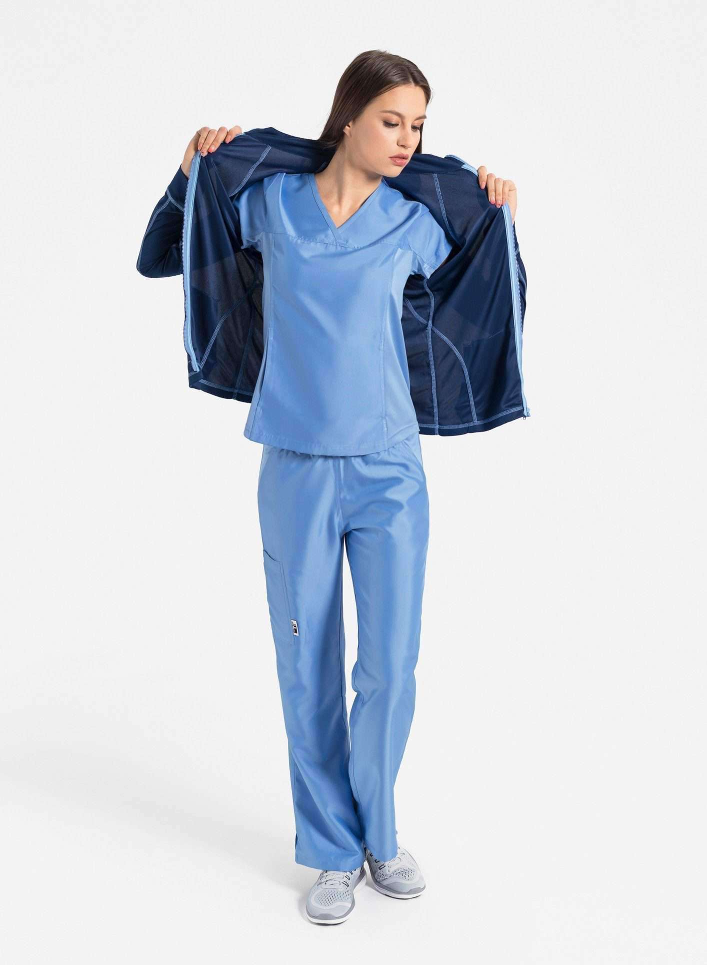 womens Elements hidden pocket scrub top and jacket ceil blue