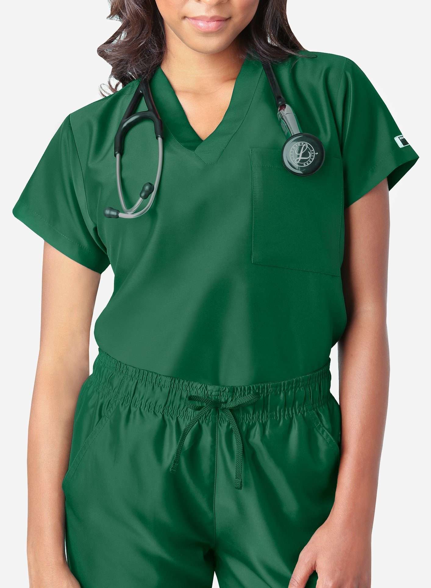 womens simple short sleeve chest pocket scrub top dark green