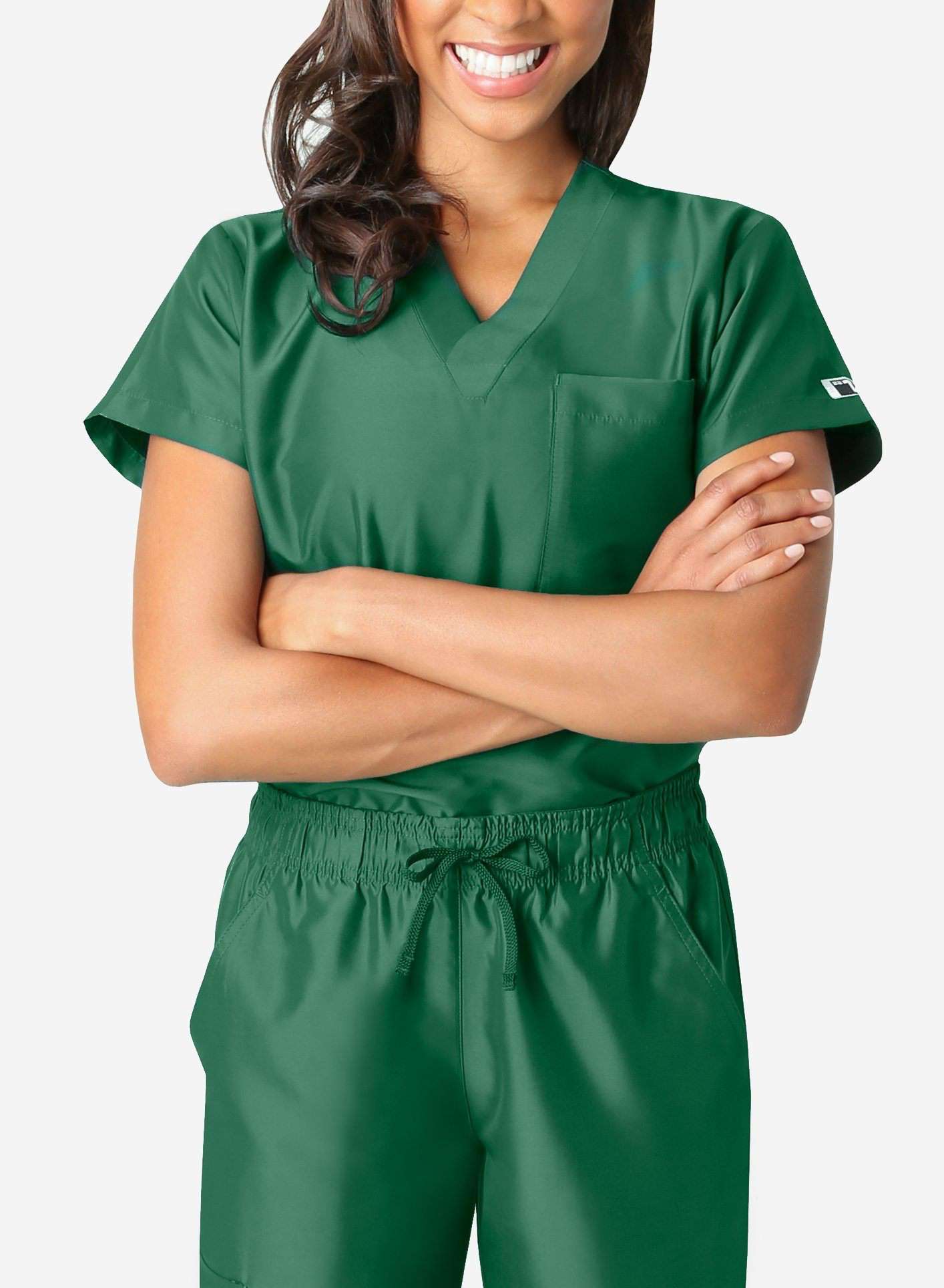 womens simple short sleeve chest pocket scrub top dark green