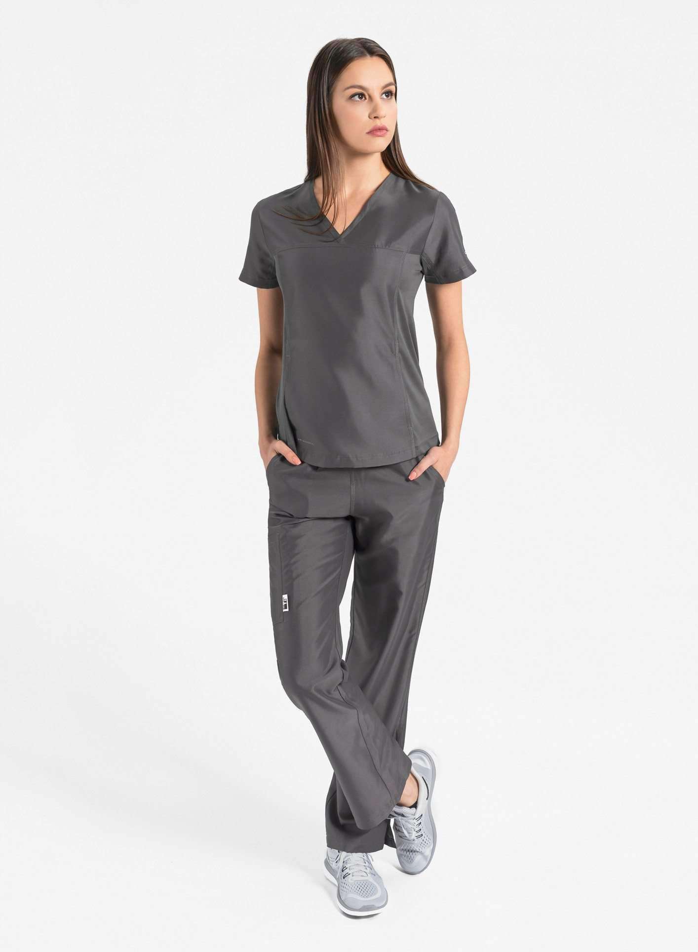 womens Elements short sleeve hidden pocket scrub top dark grey