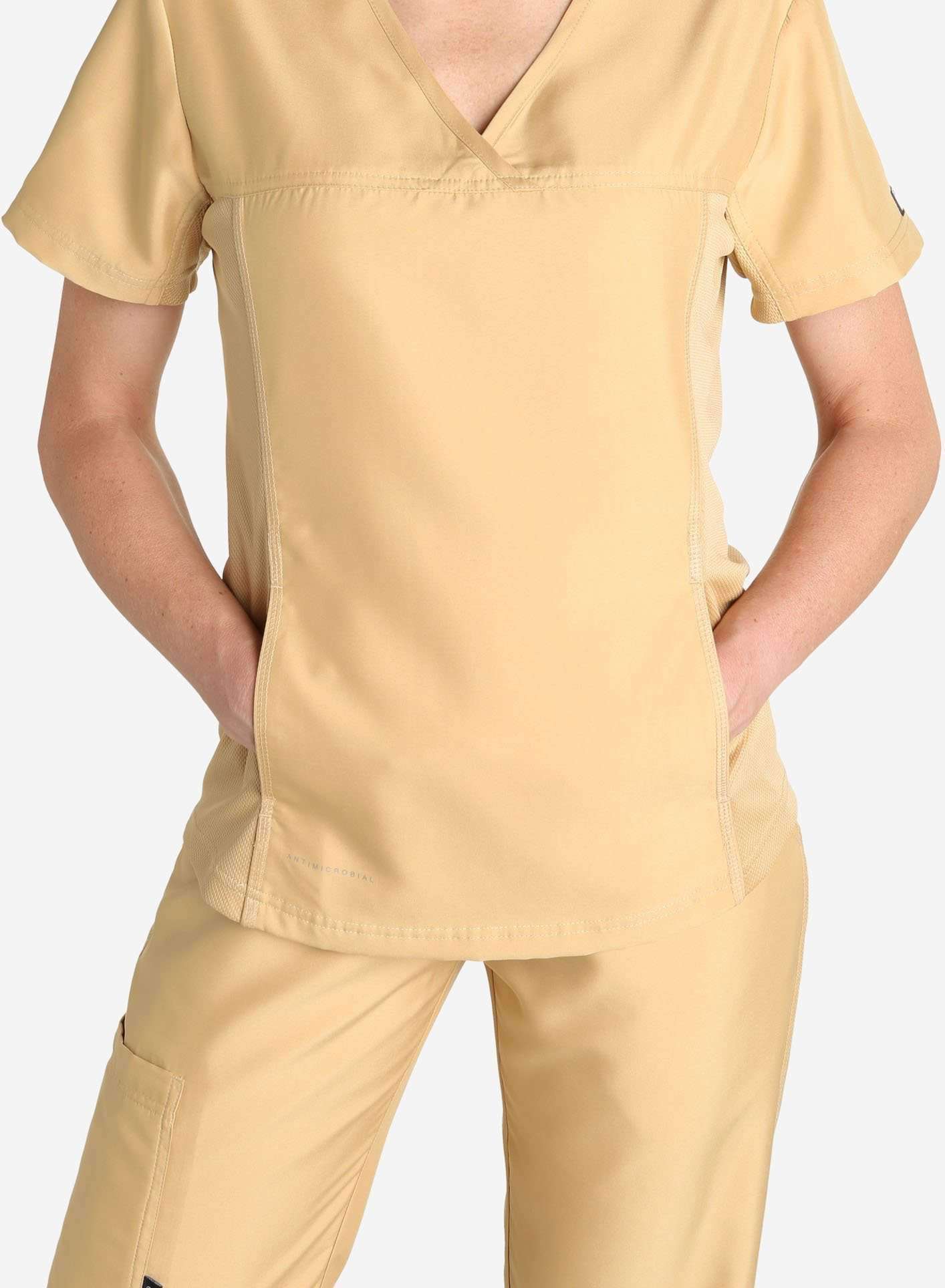 Womens khaki short sleeve scrub top pocket detail