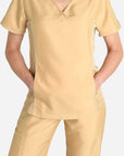 Womens khaki short sleeve scrub top pocket detail