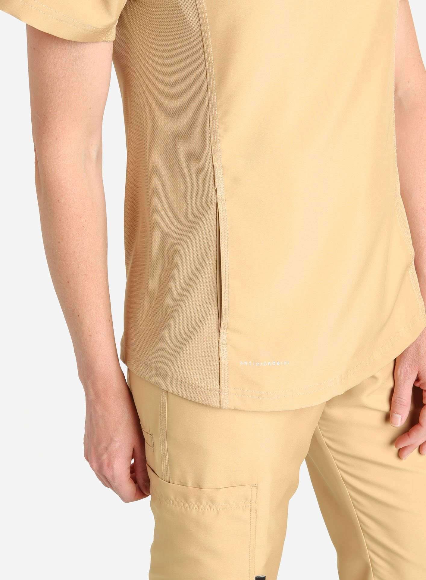 Womens khaki short sleeve scrub top side detail