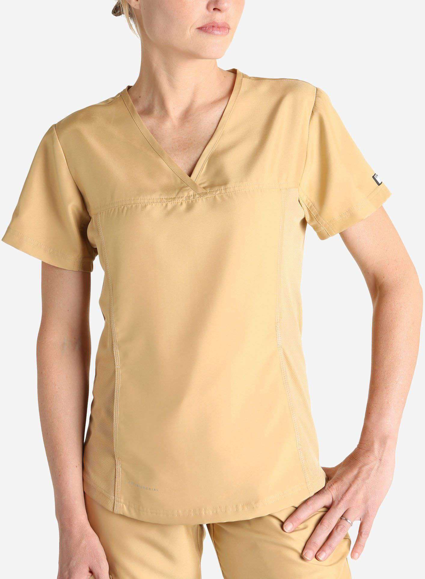 Womens short sleeve scrub top front khaki