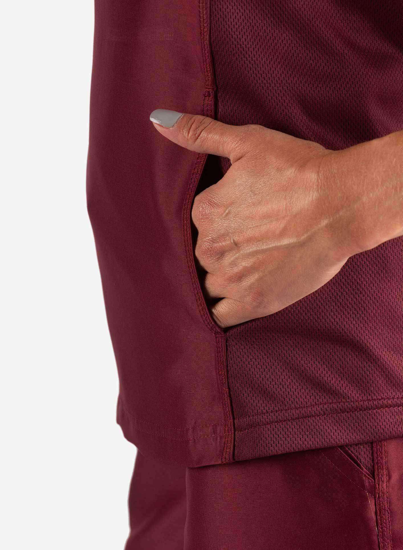 womens Elements short sleeve hidden pocket scrub top Bold Burgundy detail