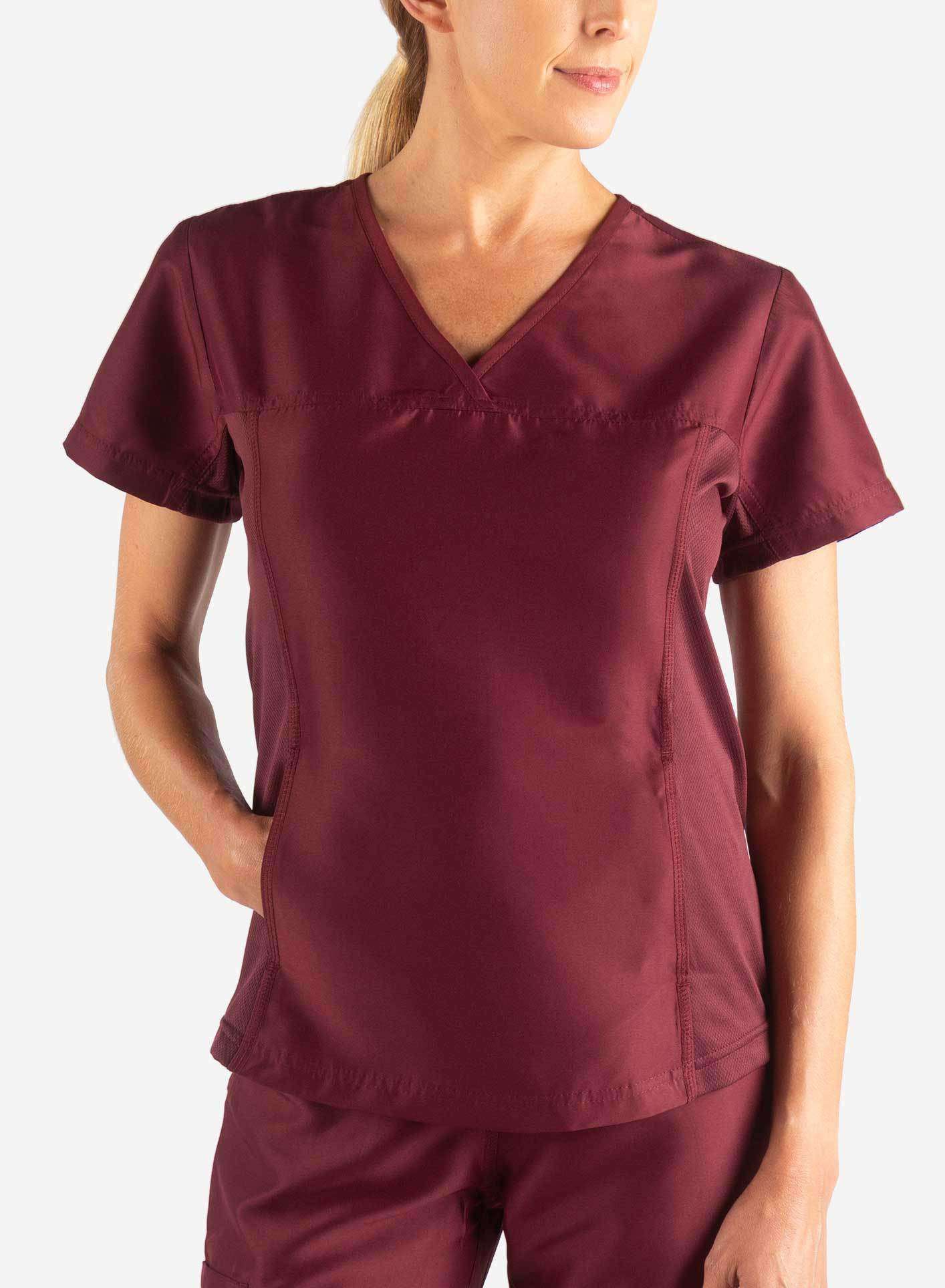 womens Elements short sleeve hidden pocket scrub top Bold burgundy