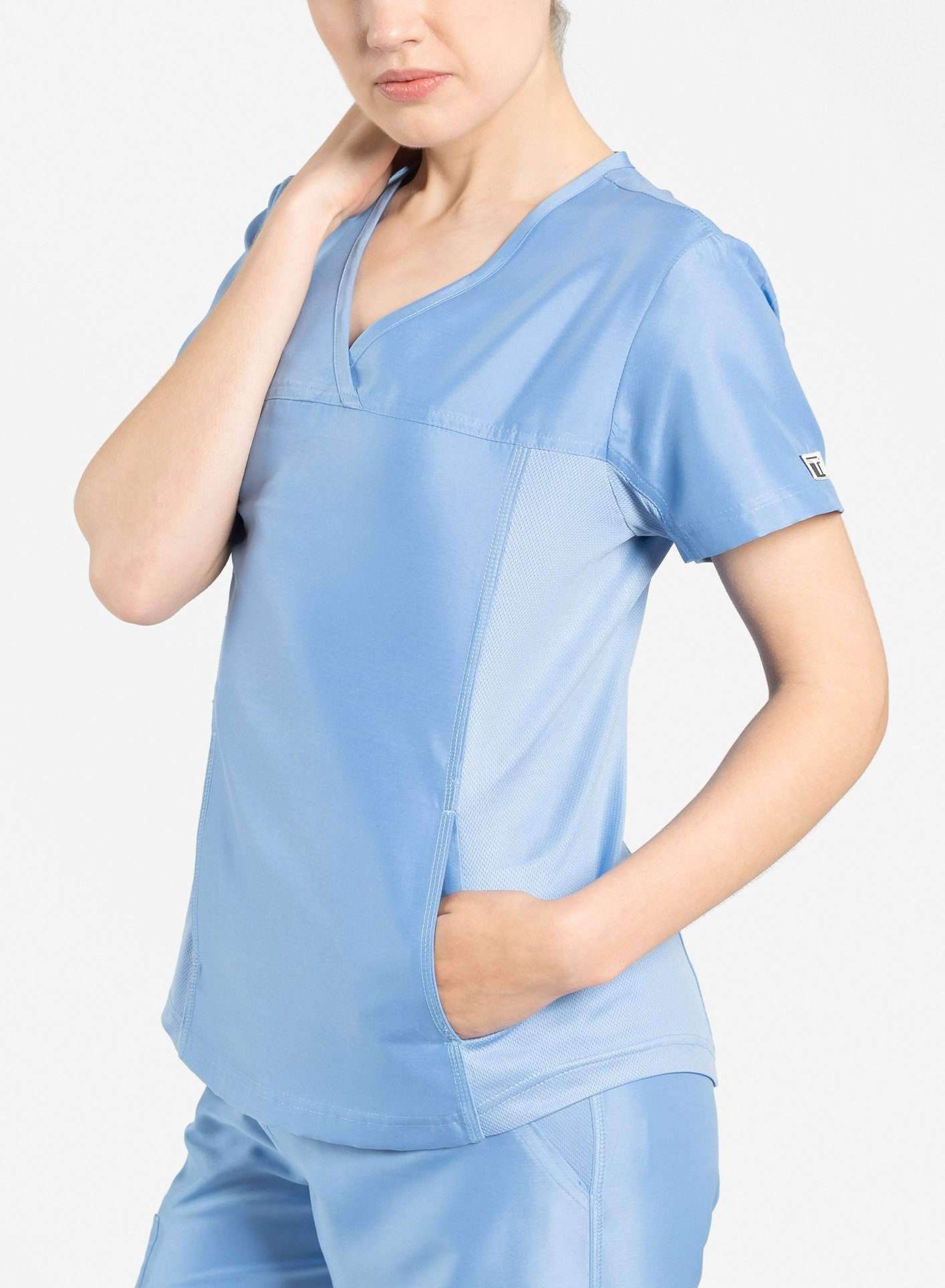 womens Elements short sleeve hidden pocket scrub top ceil-blue