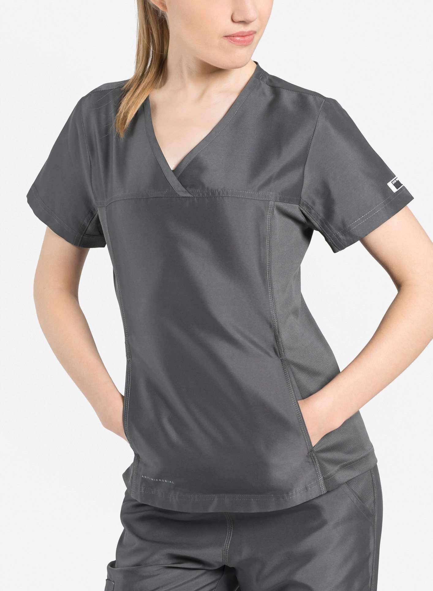 womens Elements short sleeve hidden pocket scrub top dark gray