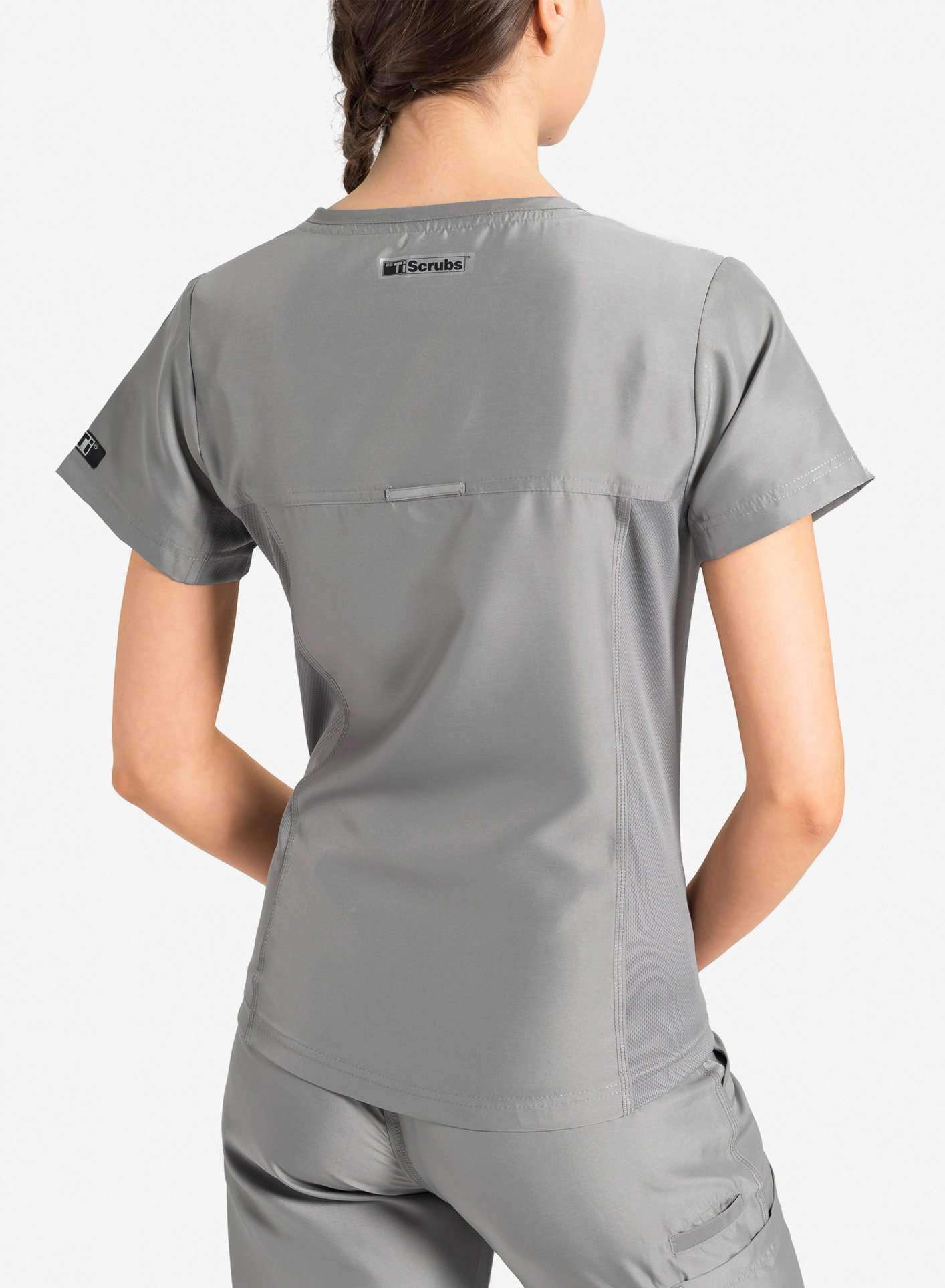 womens Elements short sleeve hidden pocket scrub top light gray