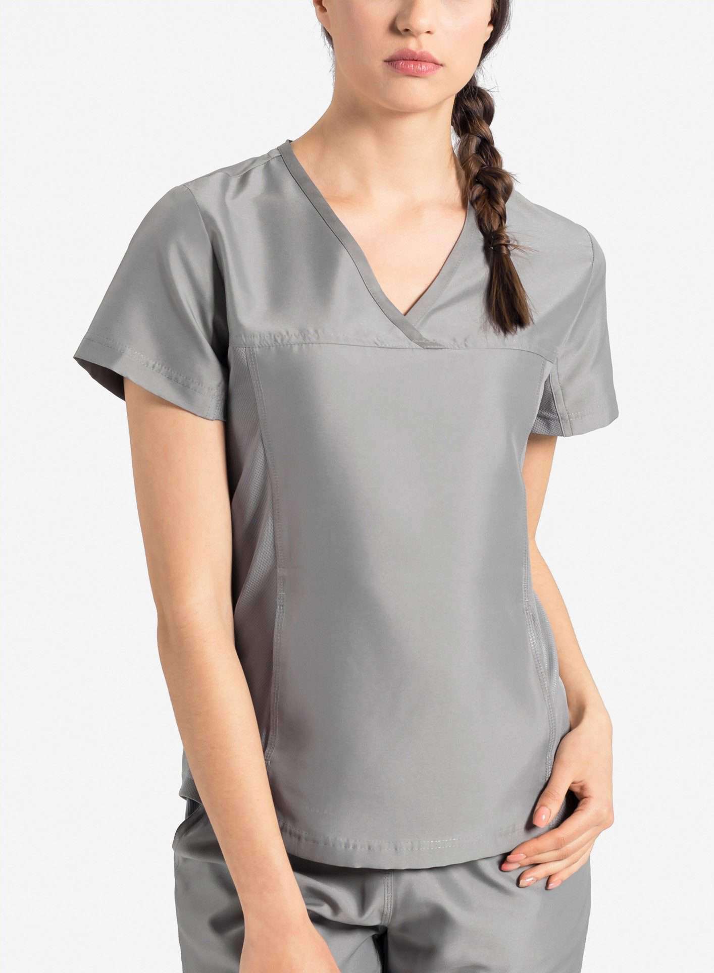 womens Elements short sleeve hidden pocket scrub top light gray