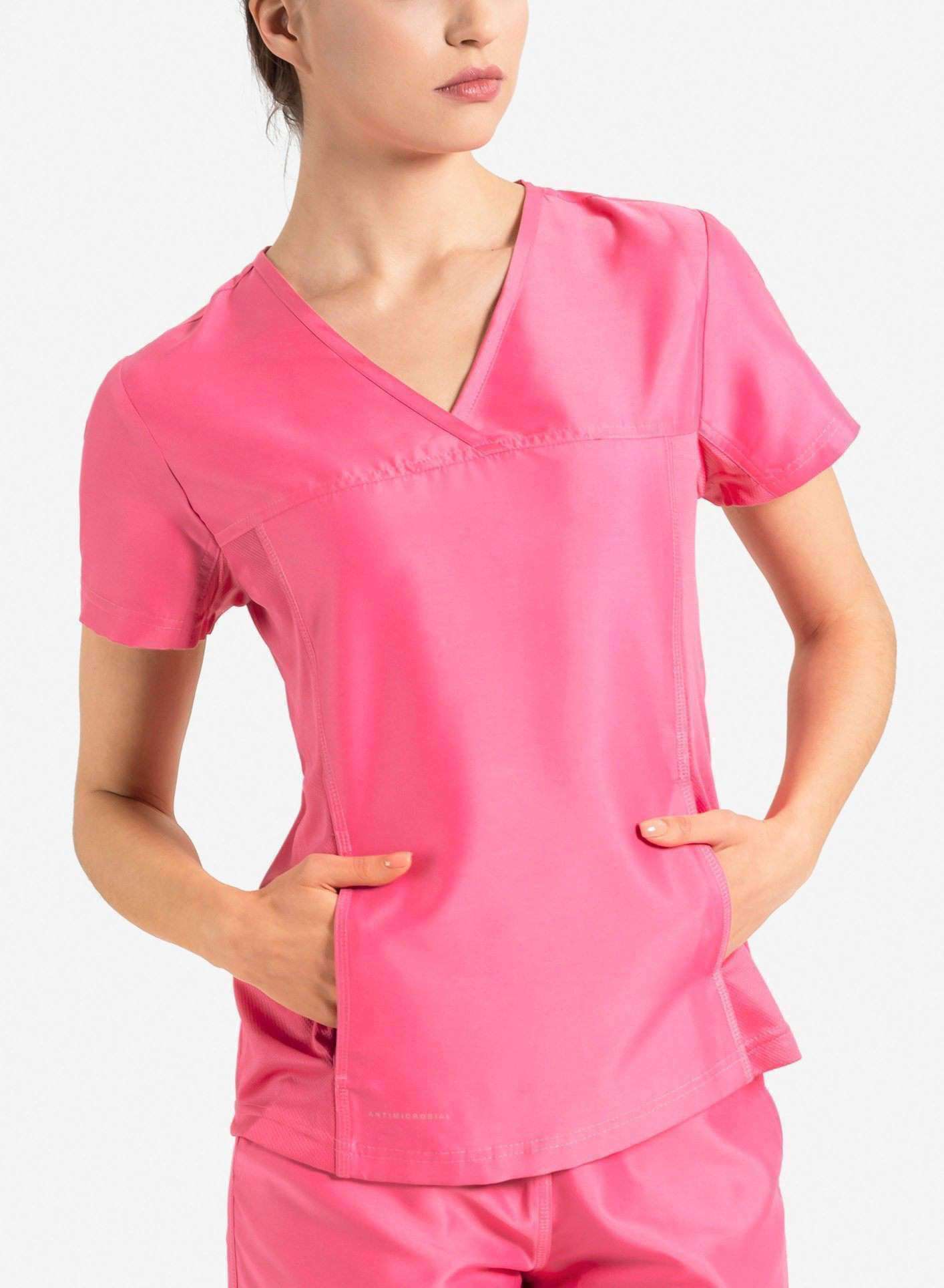 womens Elements short sleeve hidden pocket scrub top pink