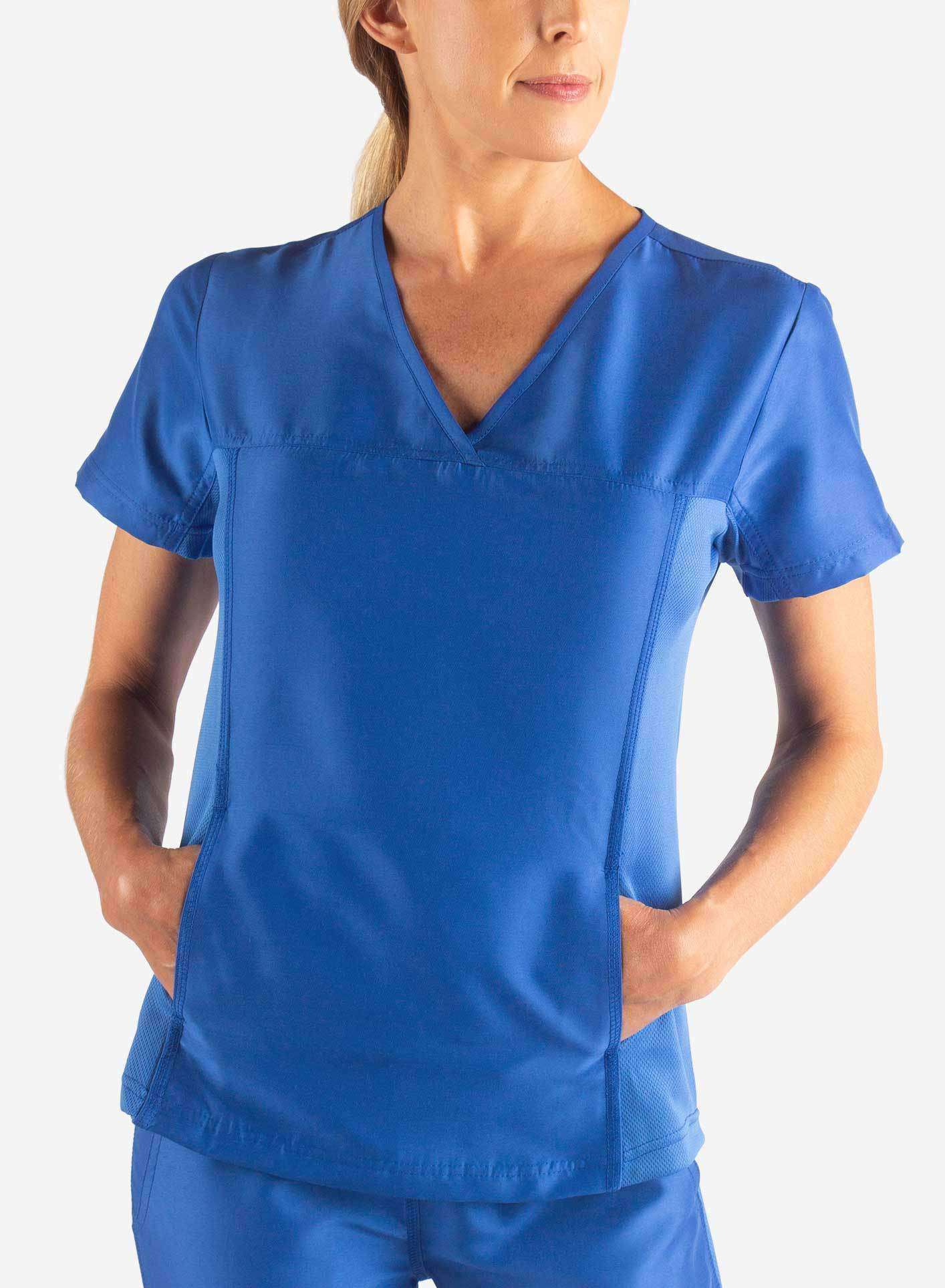 womens Elements short sleeve hidden pocket scrub top front royal-blue