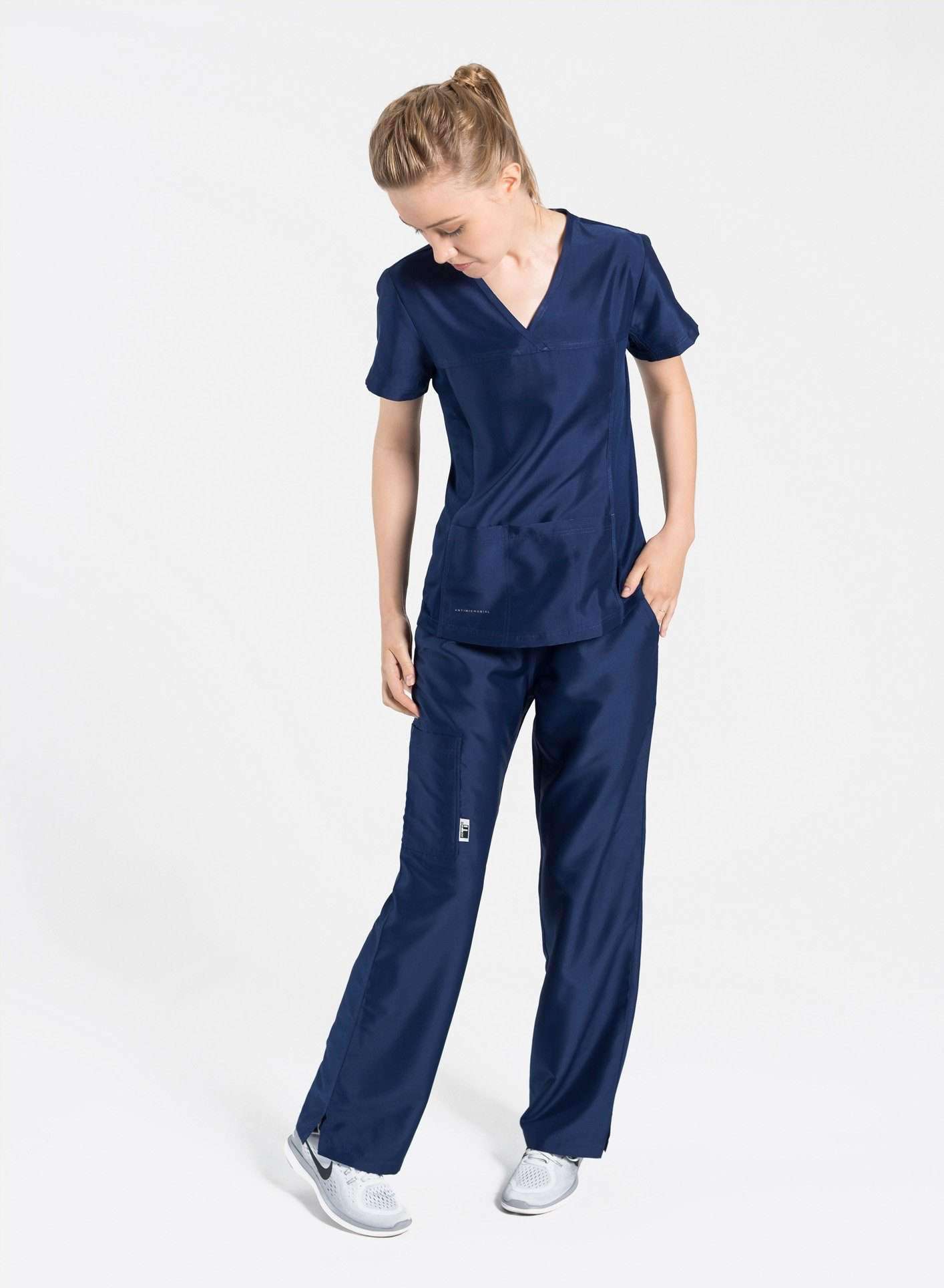 womens Elements short sleeve three pocket scrub top navy blue