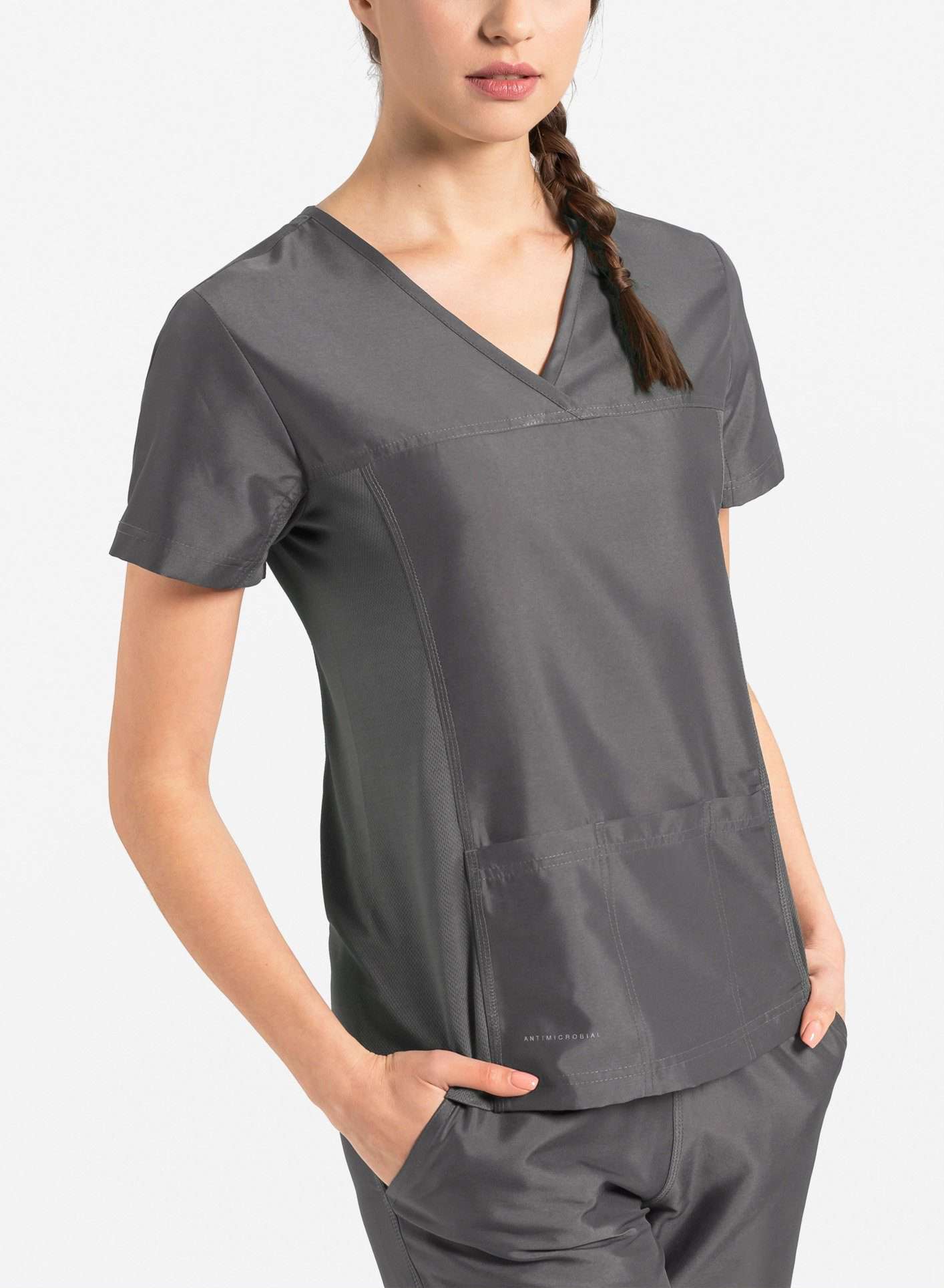 womens Elements short sleeve three pocket scrub top dark gray