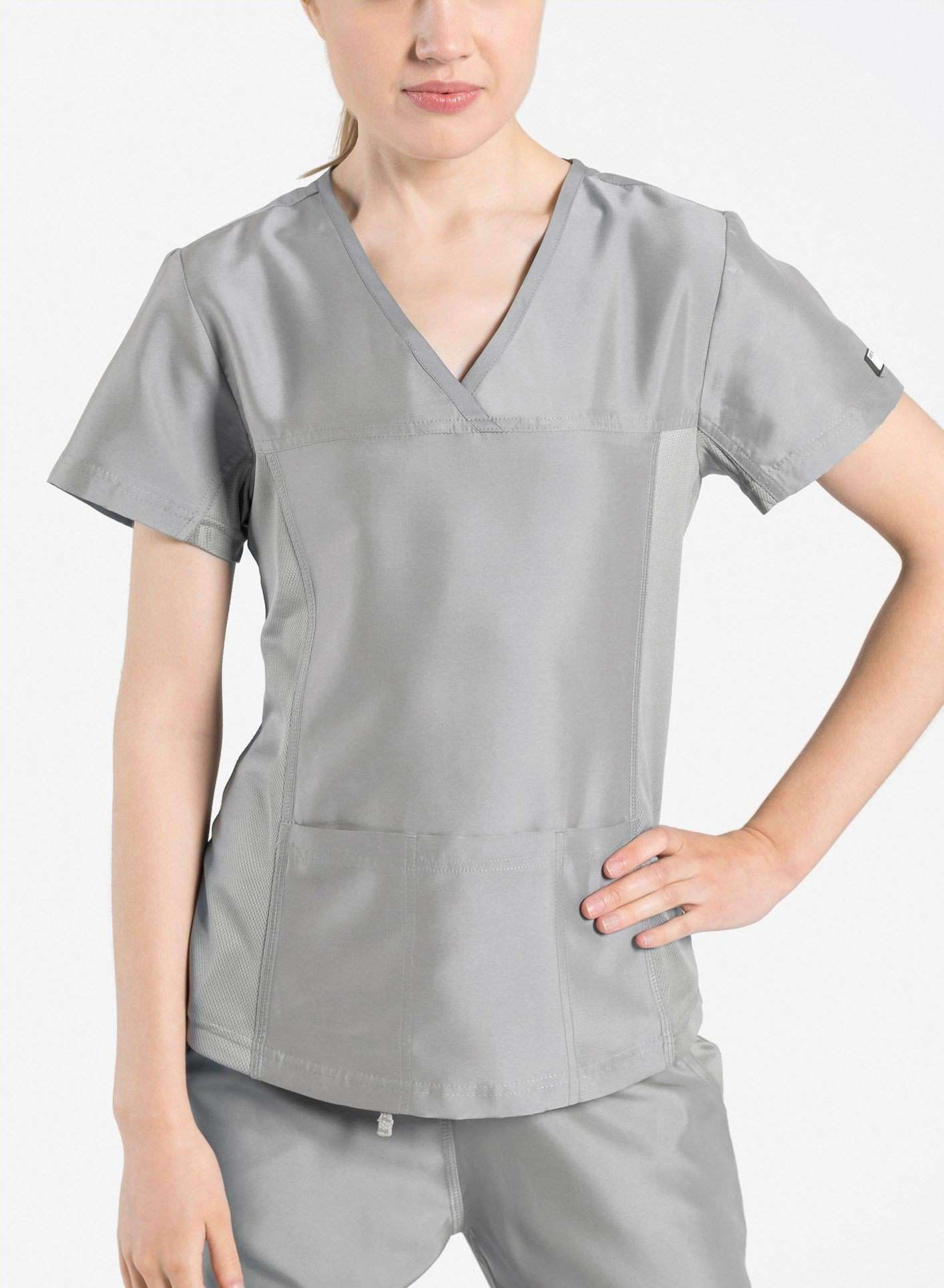 womens Elements short sleeve three pocket scrub top light gray