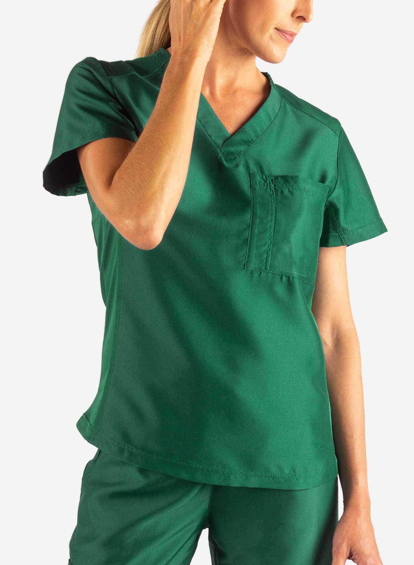 Women&#39;s Tuckable Scrub Top in Dark Green Front